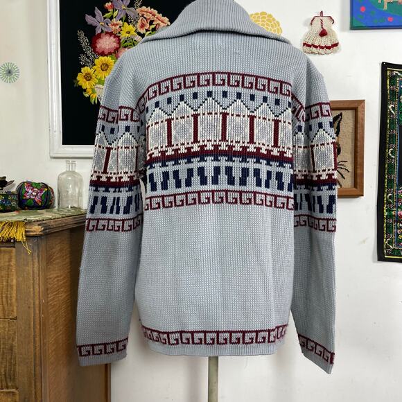 Vintage Grandpa Cardigan, 1970s Gray Zip Front Turtleneck Sweater Sz L - Picture 7 of 11